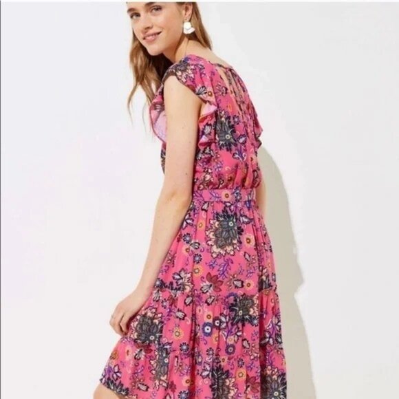 Loft Flutter Sleeve Ruffle Hem Pink Floral V Neck Dress Open Back, Size 20, NWT - Picture 2 of 14
